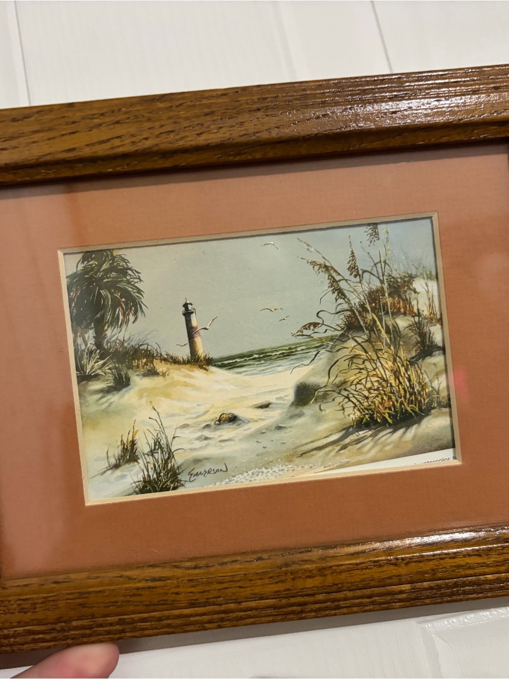 Coastal Lighthouse Seascape Print in Oak Frame - Peach Mat